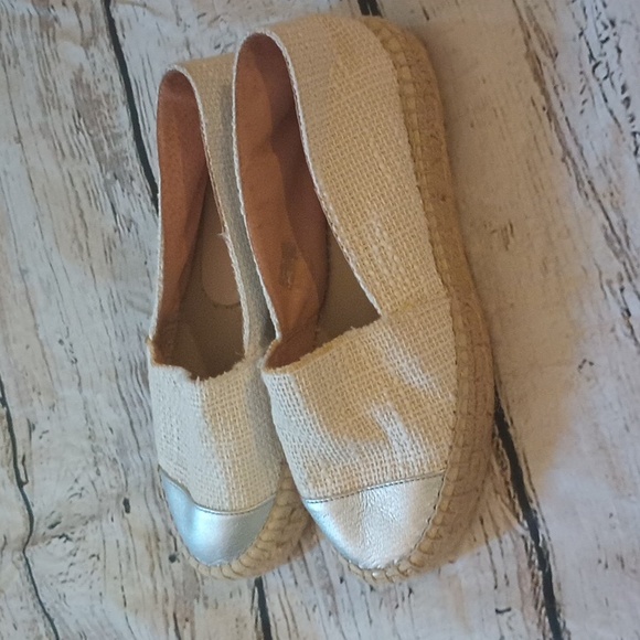 Clara Duran Off White Tweed Silver Captoe Espadrille 1" Platform Slip ons 37 7 - Picture 5 of 11